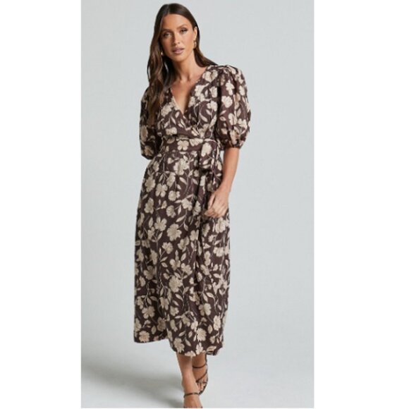 Amalie the Label Francie Midi Wrap Dress 4 NEW Sahara Floral Brown Linen Cotton - Picture 8 of 8